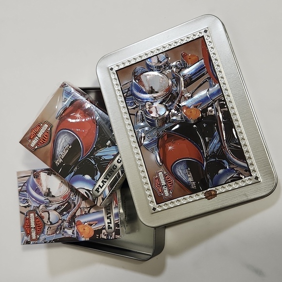 HARLEY DAVIDSON COLLECTOR TIN & 2 DECKS OF PLAYING CARDS MOTORCYCLES New In Box - Picture 1 of 9